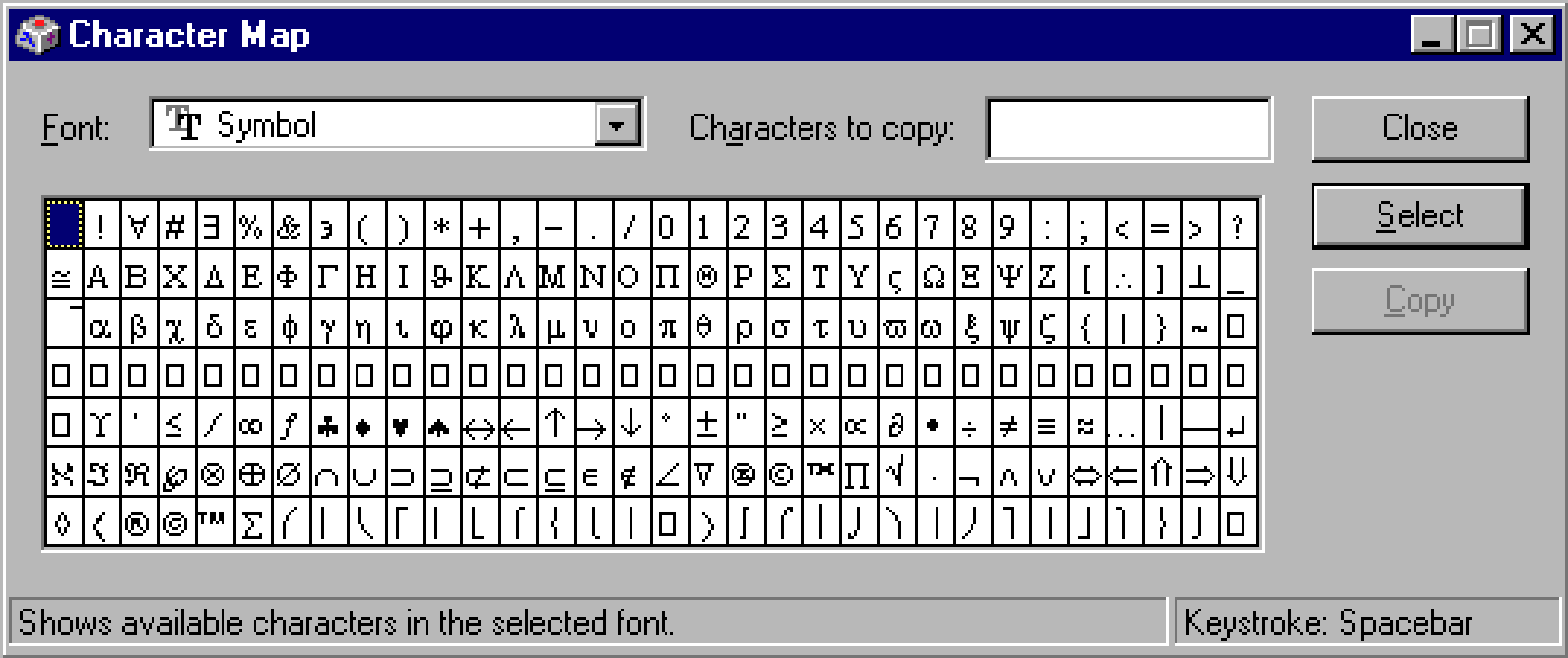 Screen shot of the Character Map program in Windows 95